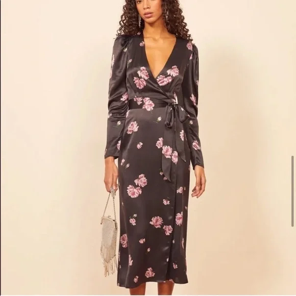 Reformation Silk Black Floral Toronto Midi Dress - Picture 3 of 13